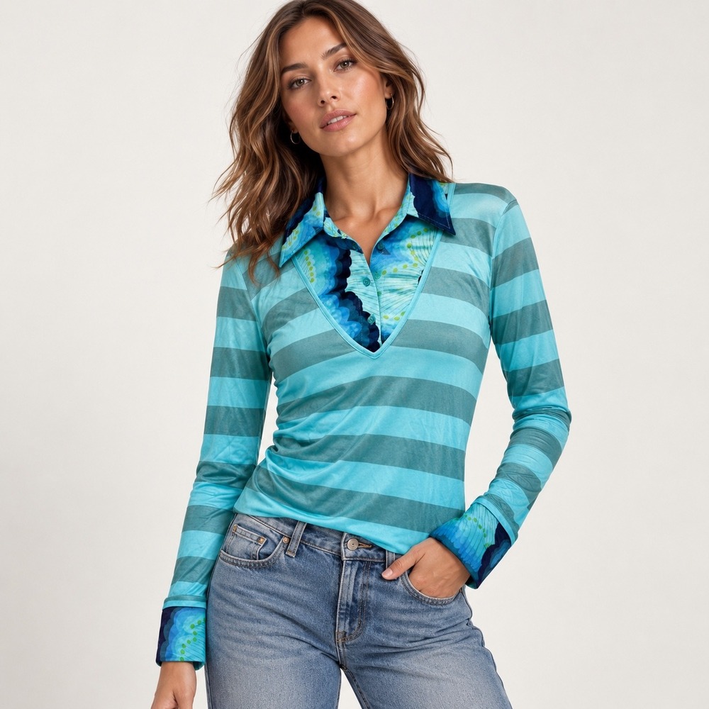 Custo Barcelona Women Turquoise Striped Floral Inset V-Neck Top Size 4 Medium